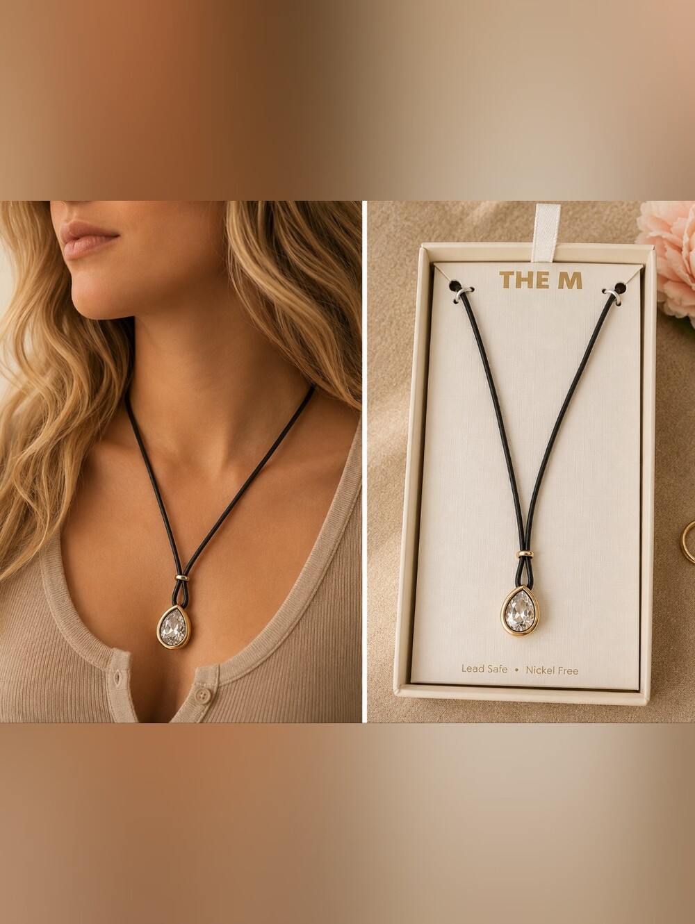 The M Gold Teardrop Pendant Necklace with Black Cord